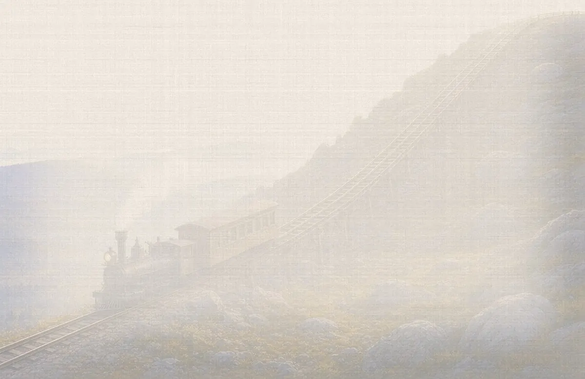 Soft watercolor wash: Mount Washington Cog Railway climbing Jacob's Ladder trestle