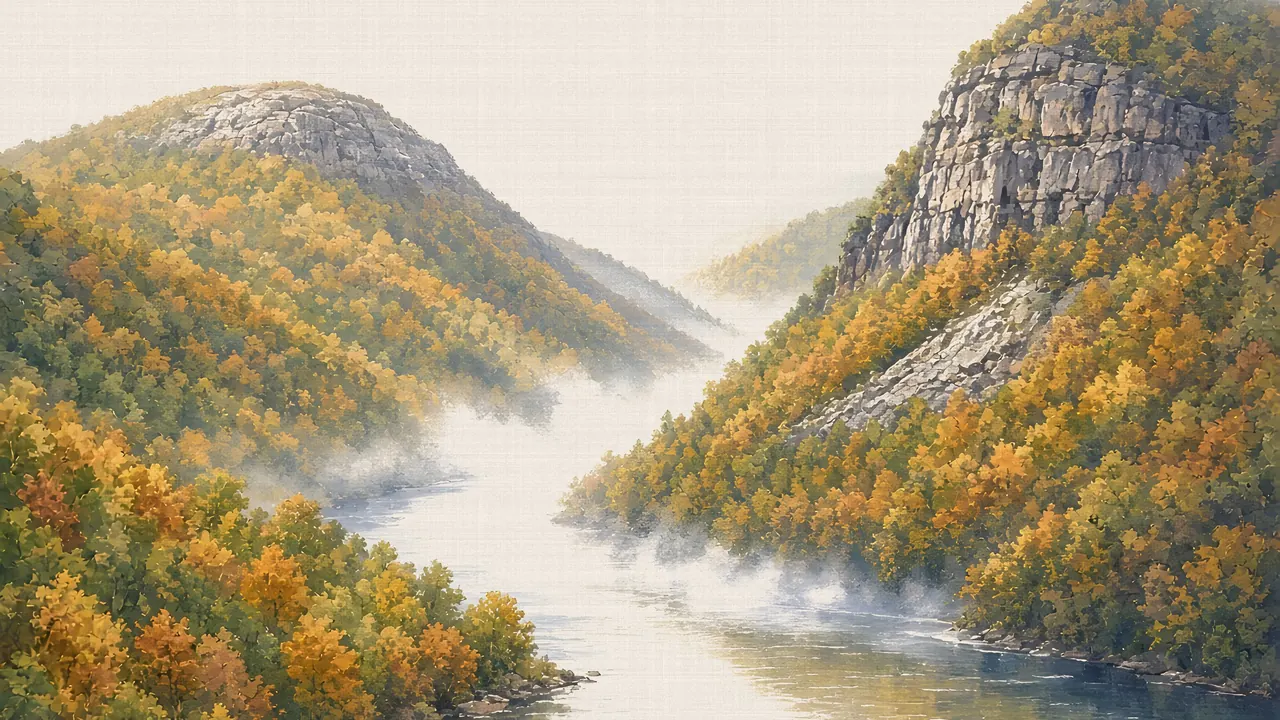 Watercolor: Delaware Water Gap with Mount Tammany cliffs above the river