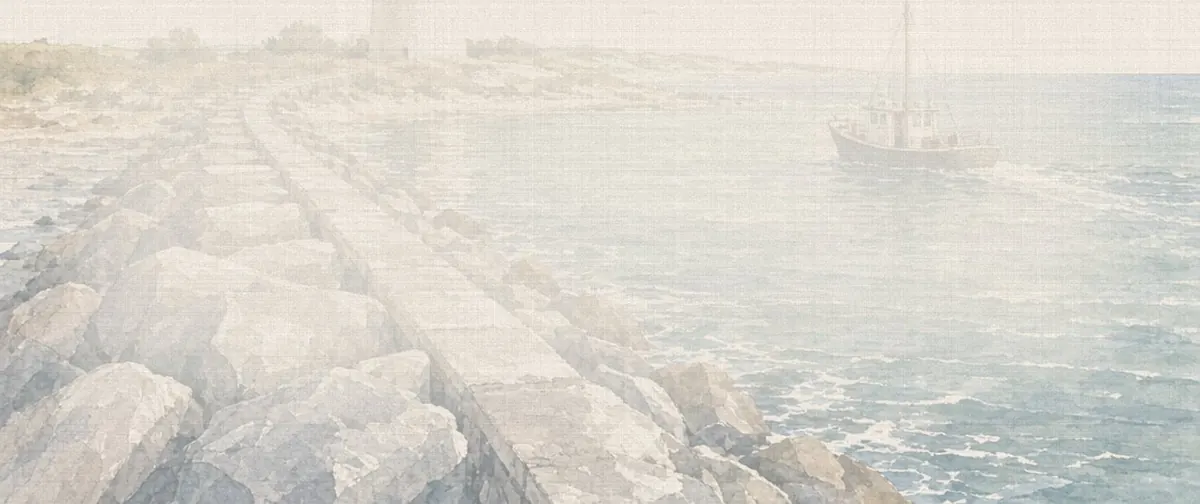 Soft watercolor wash: Barnegat Lighthouse ('Old Barney') red-and-white tower