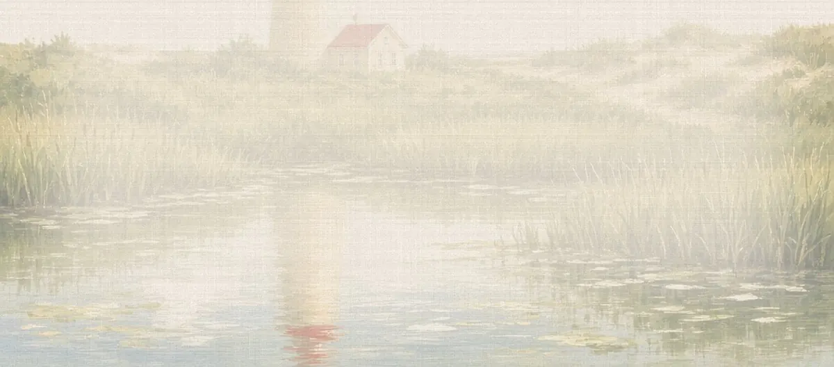 Soft watercolor wash: Cape May Lighthouse tower above dune grass