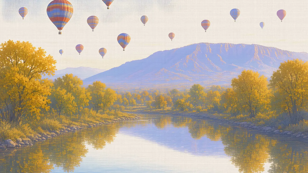 Watercolor: Hot-air balloons over the Rio Grande valley at dawn, Albuquerque, Sandia Mountains behind