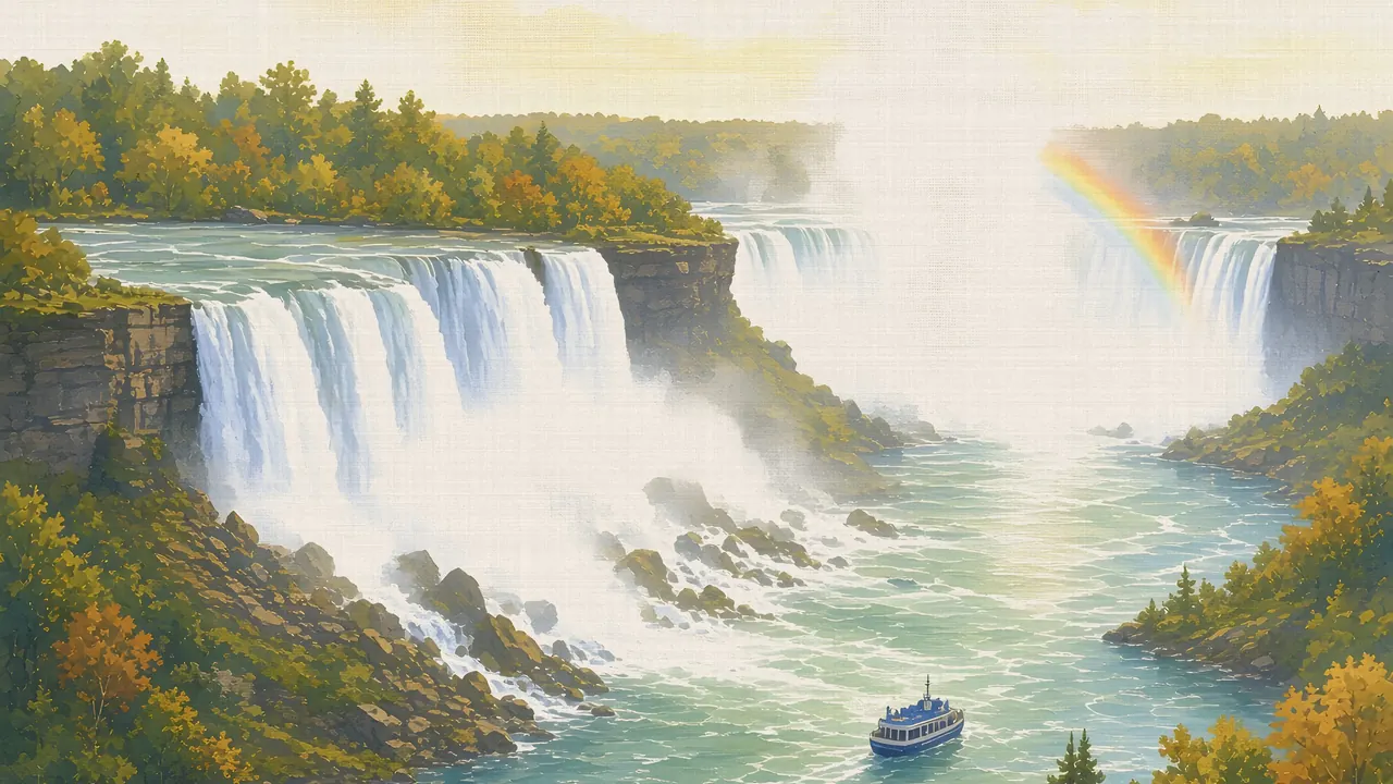 Watercolor: Niagara Falls (American and Bridal Veil Falls) from Prospect Point, Niagara Falls State Park