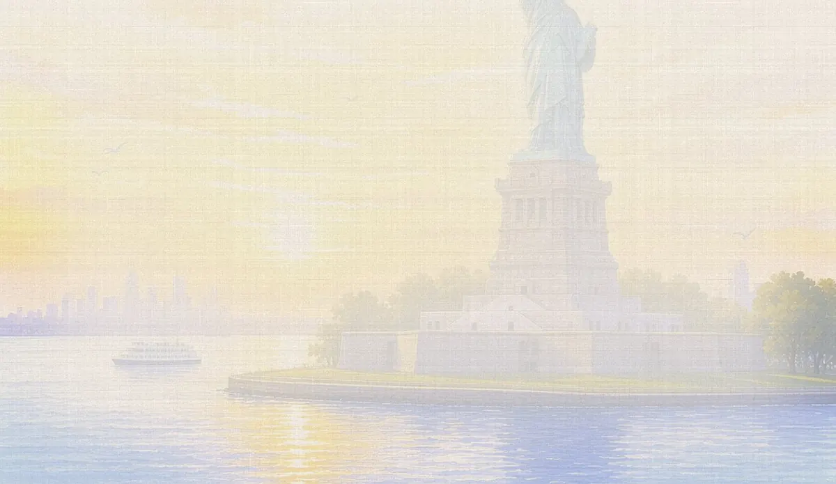 Soft watercolor wash: Statue of Liberty on Liberty Island from New York Harbor