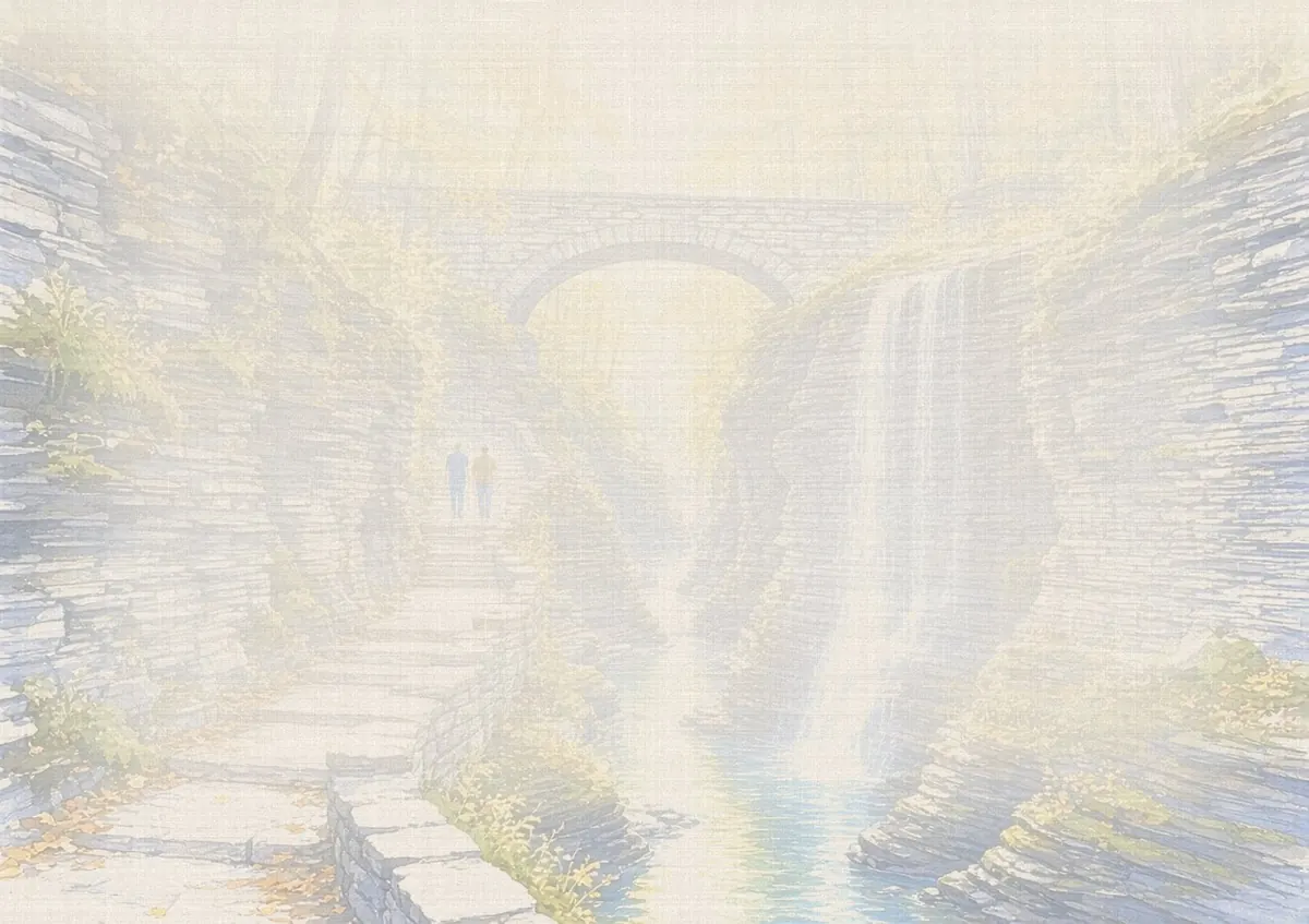 Soft watercolor wash: Watkins Glen gorge trail with Rainbow Falls