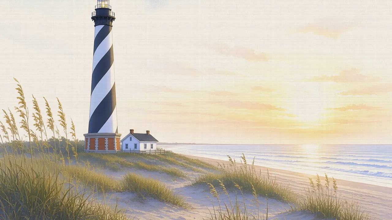 Watercolor: Cape Hatteras Lighthouse and dunes, Outer Banks