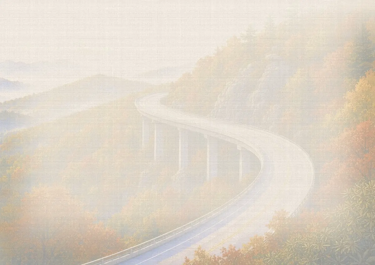 Soft watercolor wash: Linn Cove Viaduct curving around Grandfather Mountain