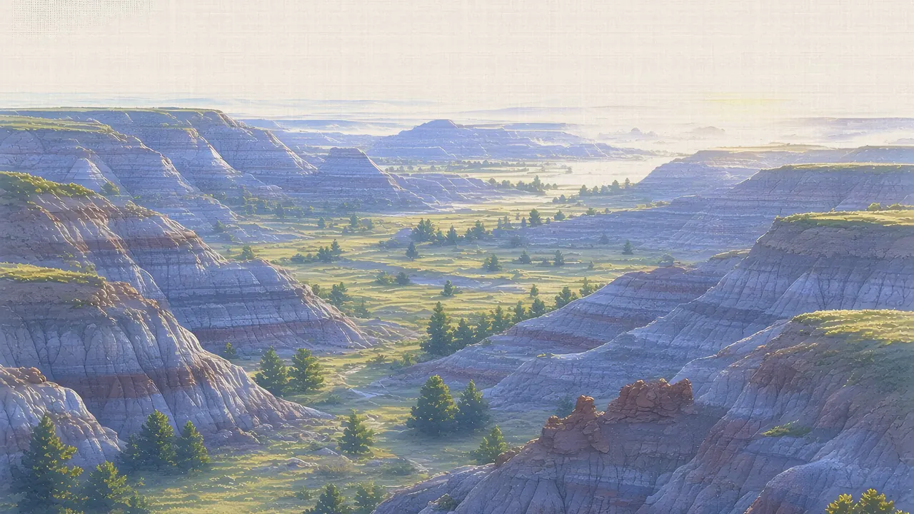 Watercolor: Painted Canyon Overlook, Theodore Roosevelt National Park, at sunrise