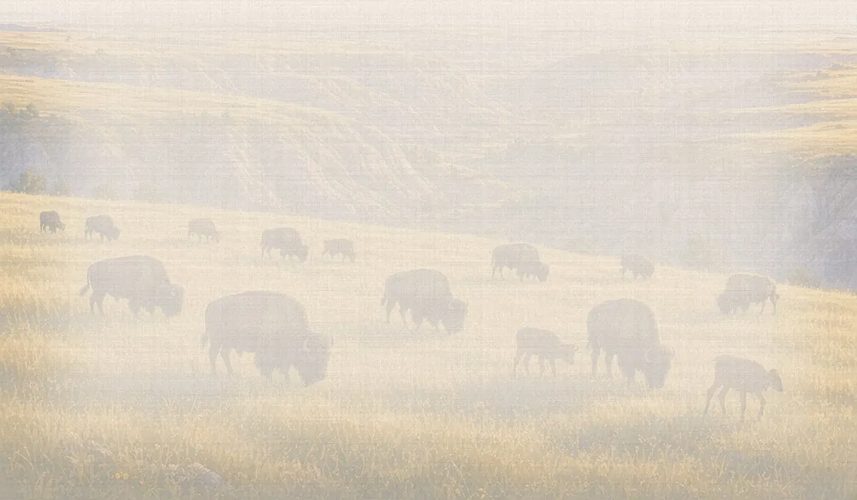 Soft watercolor wash: Bison herd in the South Unit, Theodore Roosevelt National Park