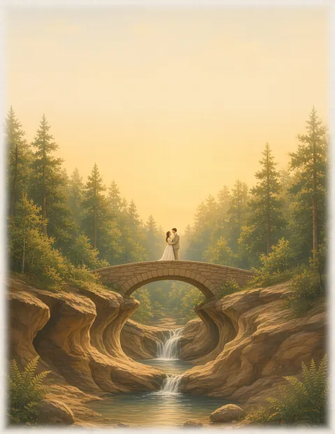 Watercolor: Adult newlywed couple on the stone bridge at Old Man's Cave, Hocking Hills State Park