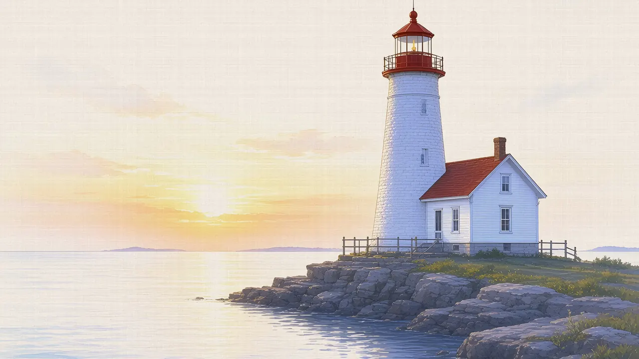 Watercolor: Marblehead Lighthouse on Lake Erie at sunset