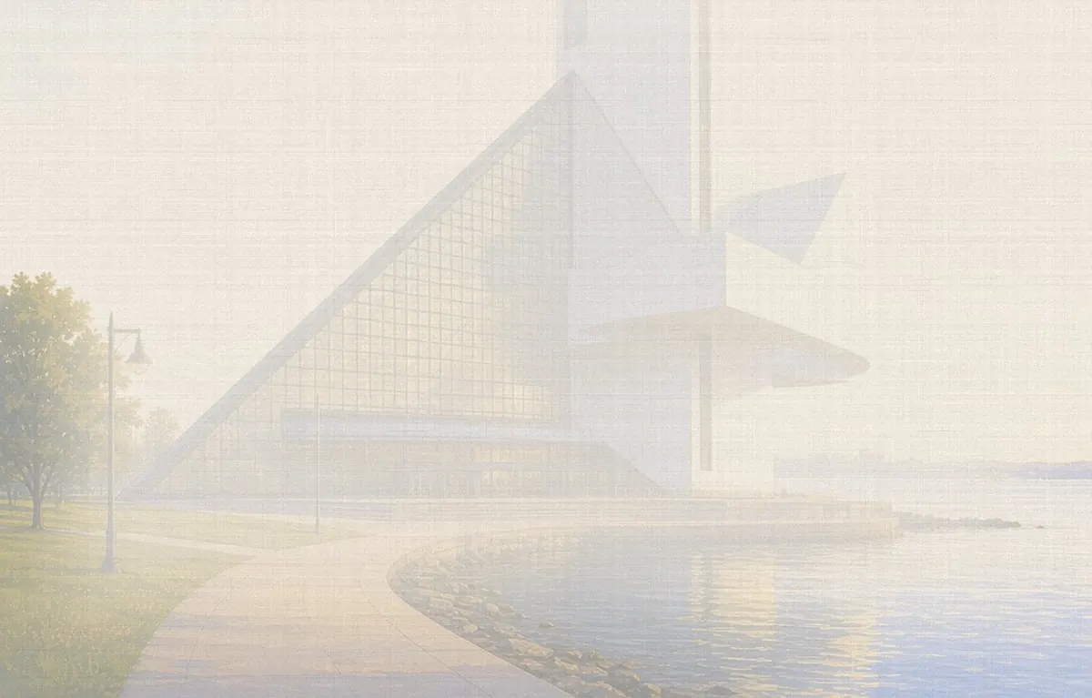 Soft watercolor wash: Rock & Roll Hall of Fame on Cleveland's lakefront