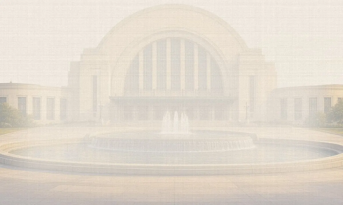 Soft watercolor wash: Cincinnati Union Terminal (Museum Center) Art Deco half-dome and fountain