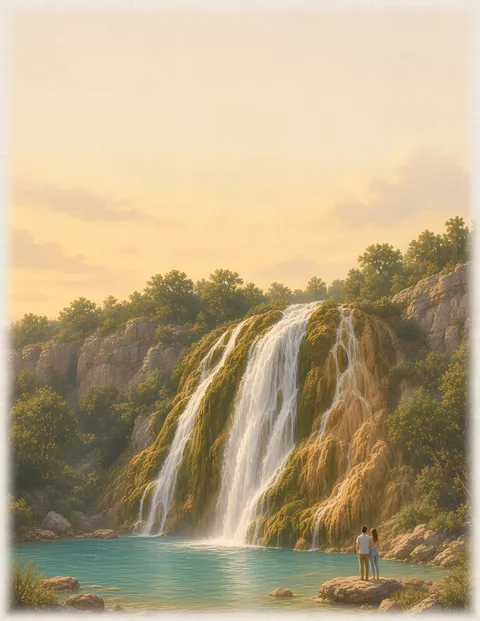 Watercolor: Adult newlywed couple at Turner Falls, Arbuckle Mountains, Davis