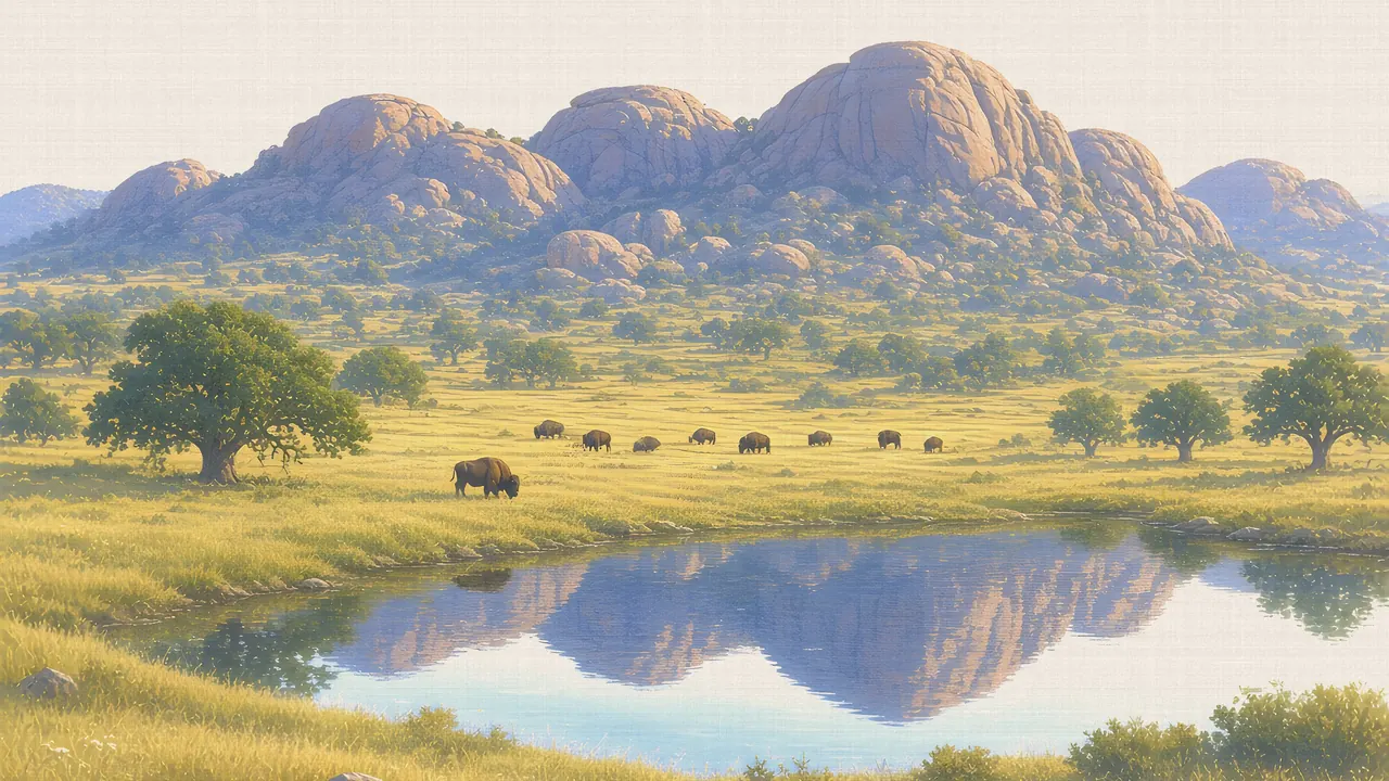 Watercolor: Wichita Mountains granite peaks with bison, Wichita Mountains Wildlife Refuge