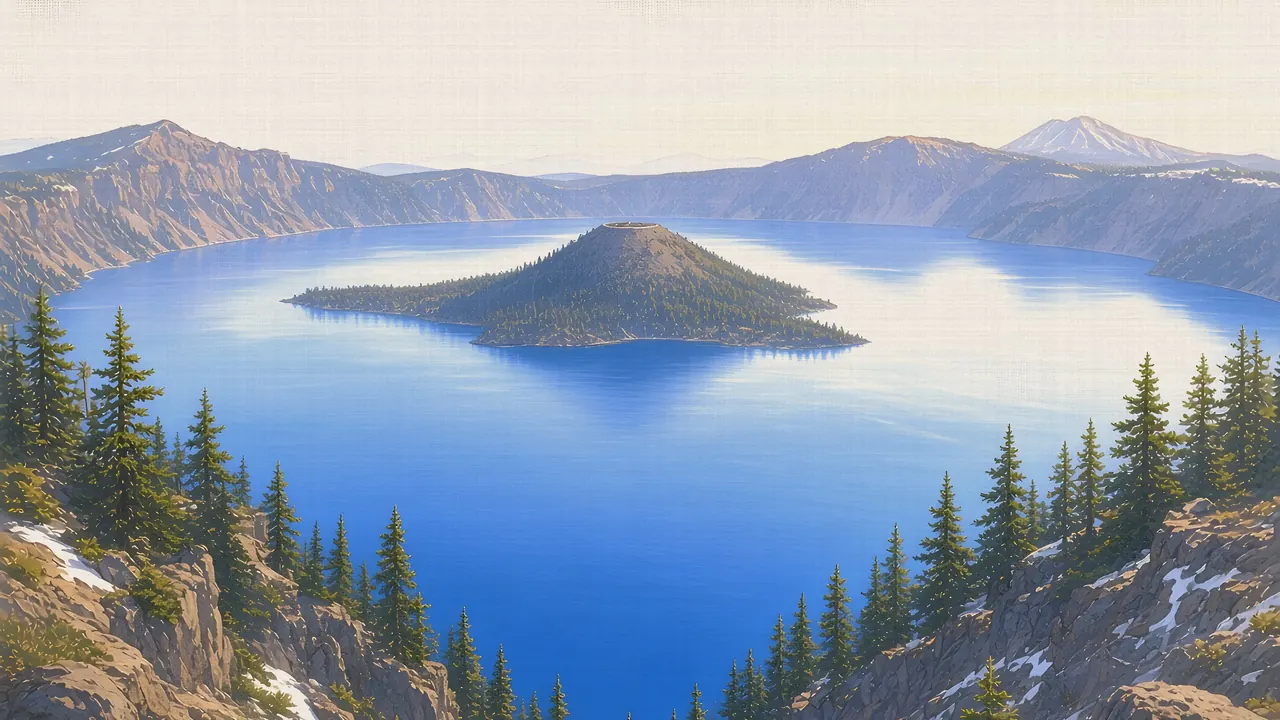 Watercolor: Crater Lake with Wizard Island, Crater Lake NP