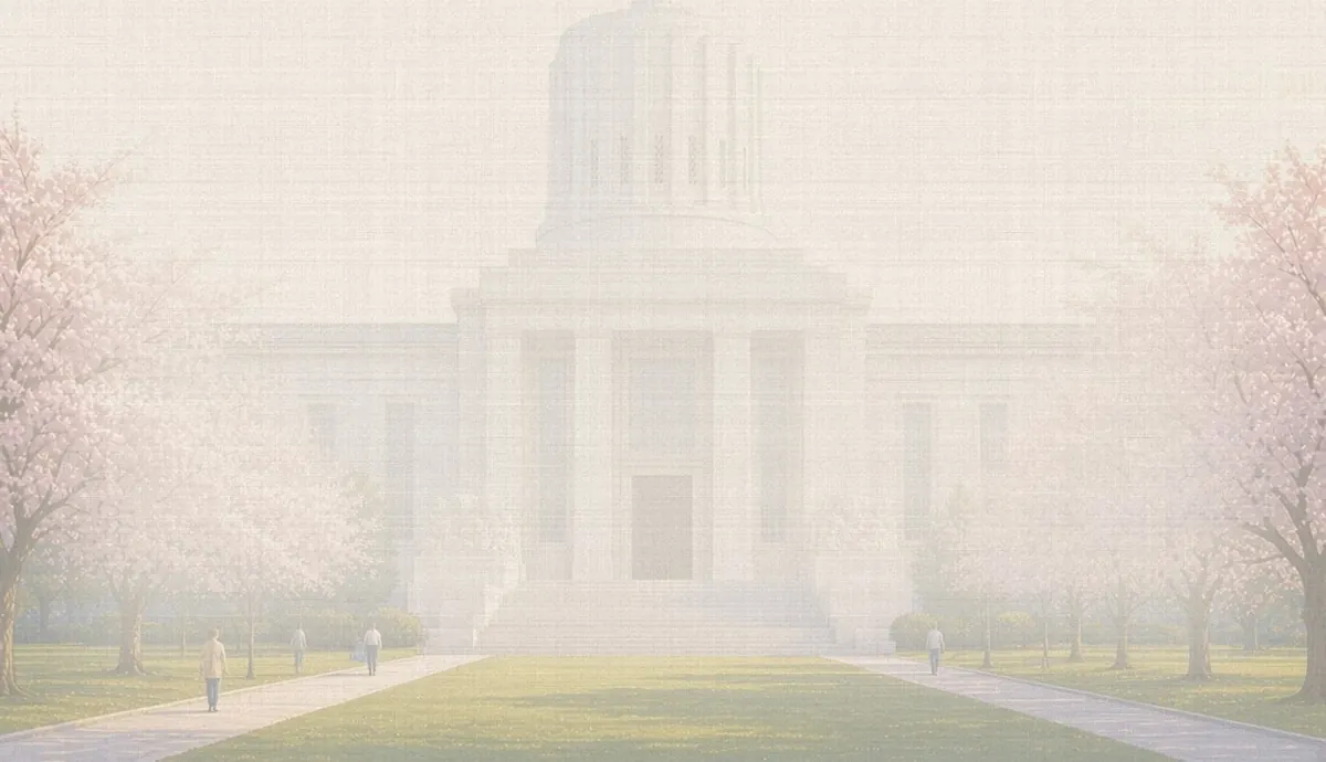 Soft watercolor wash: Oregon State Capitol with the gold Pioneer statue, Salem