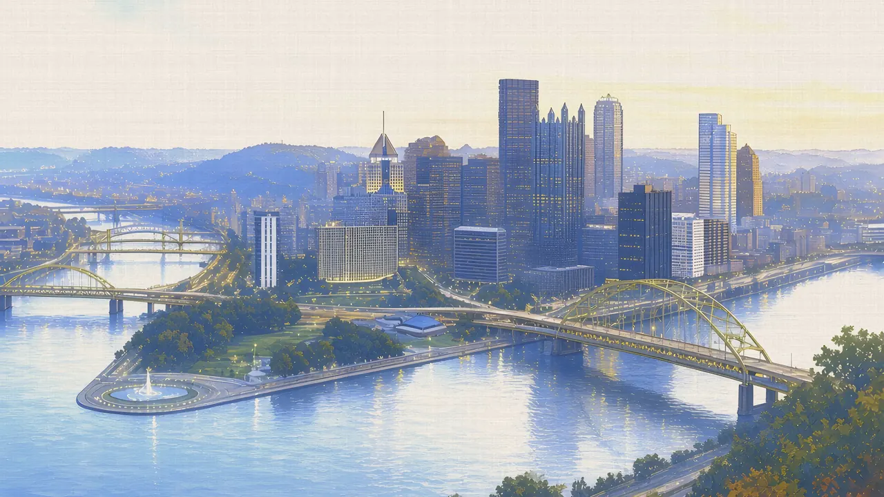 Watercolor: Pittsburgh skyline and the three rivers from Mount Washington at dusk