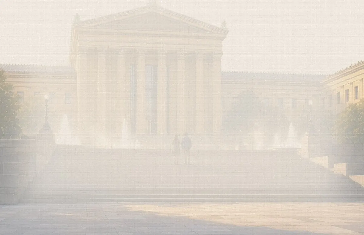 Soft watercolor wash: Philadelphia Museum of Art steps over the Benjamin Franklin Parkway