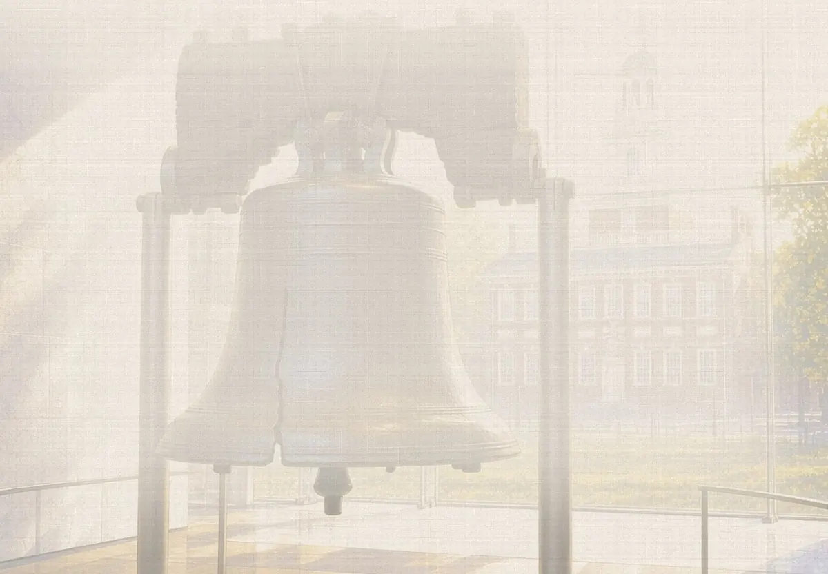 Soft watercolor wash: The Liberty Bell with Independence Hall through the glass