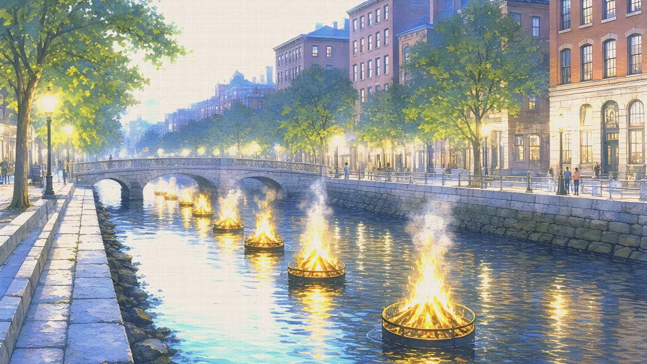 Watercolor: WaterFire on the Woonasquatucket River, downtown Providence, at dusk