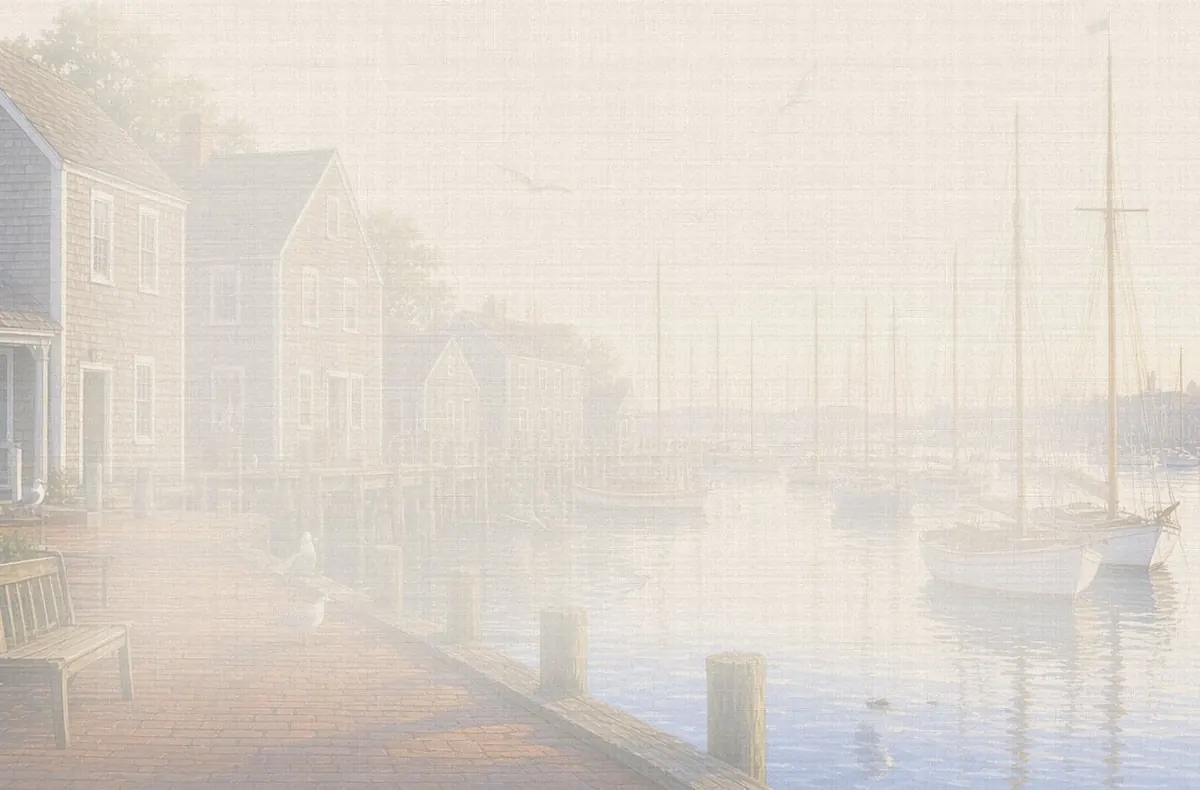 Soft watercolor wash: Newport Harbor with sailboats at Bowen's Wharf