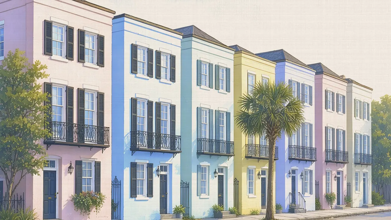 Watercolor: Rainbow Row pastel houses on East Bay Street, Charleston
