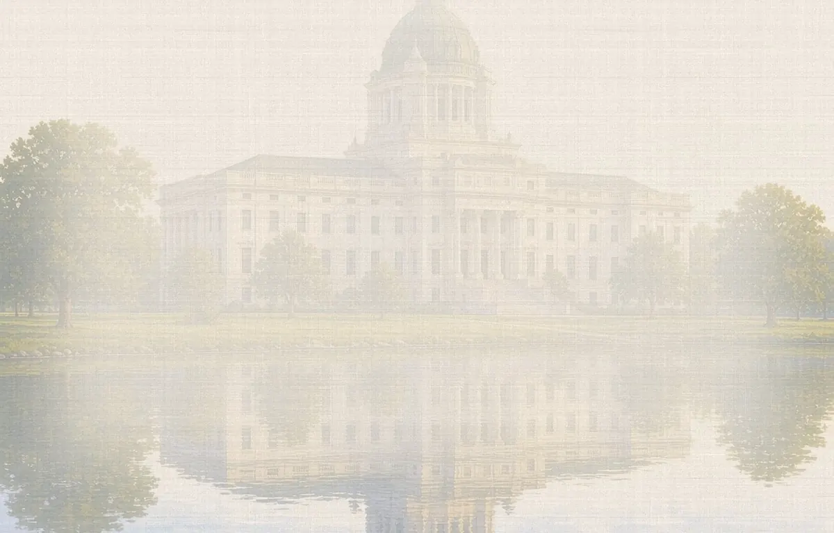 Soft watercolor wash: South Dakota State Capitol, Pierre, across Capitol Lake