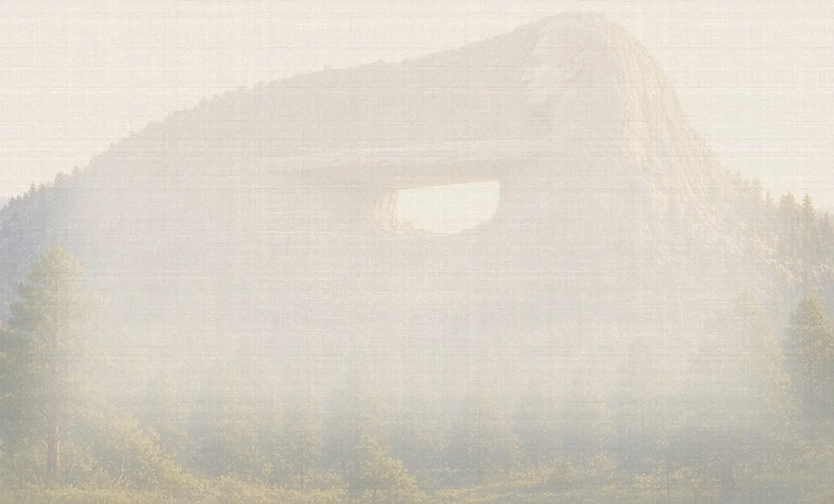 Soft watercolor wash: Crazy Horse Memorial carving under construction, Black Hills