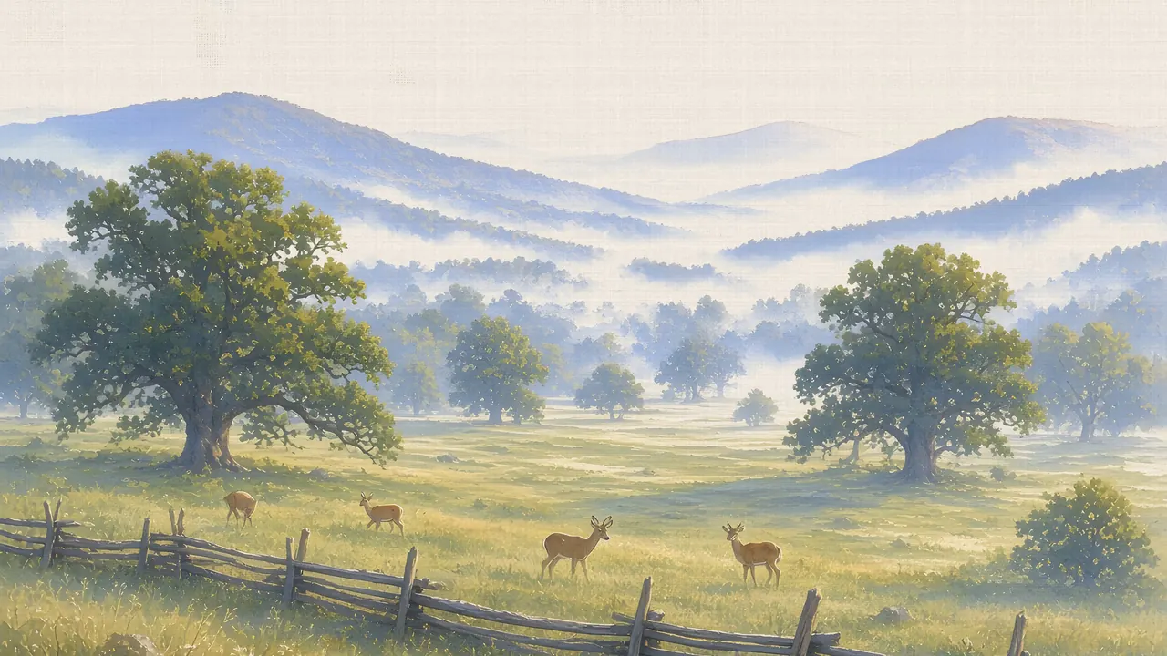 Watercolor: Cades Cove meadow with split-rail fence and Smoky Mountain ridges at dawn