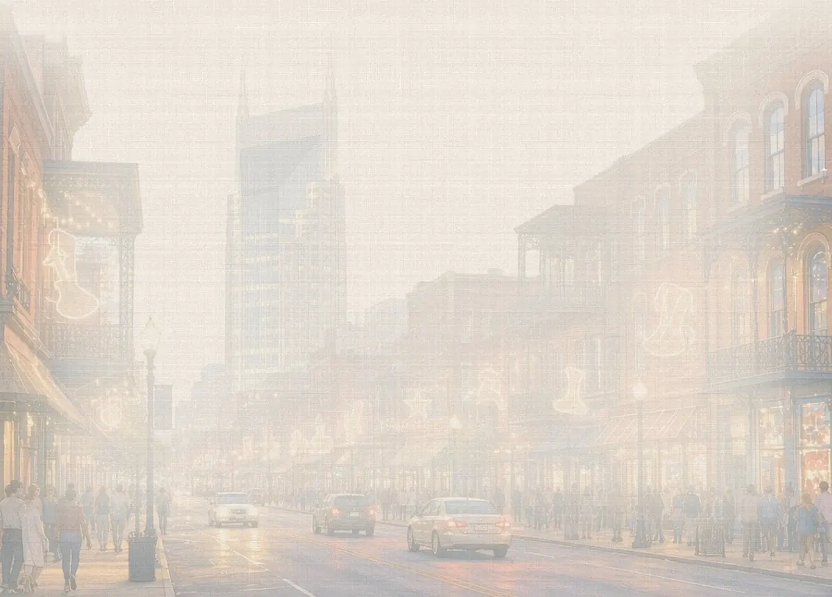 Soft watercolor wash: Lower Broadway honky-tonk neon at dusk, Nashville