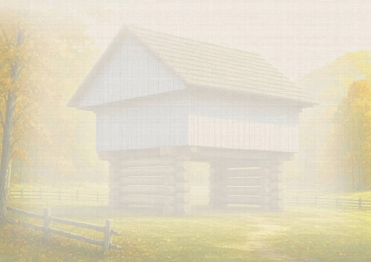 Soft watercolor wash: Cantilever barn in Cades Cove with mountain backdrop