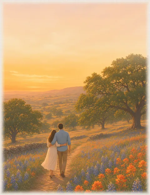 Watercolor: Adult newlywed couple in a bluebonnet field with Indian paintbrush, Texas Hill Country near Llano, live oaks behind