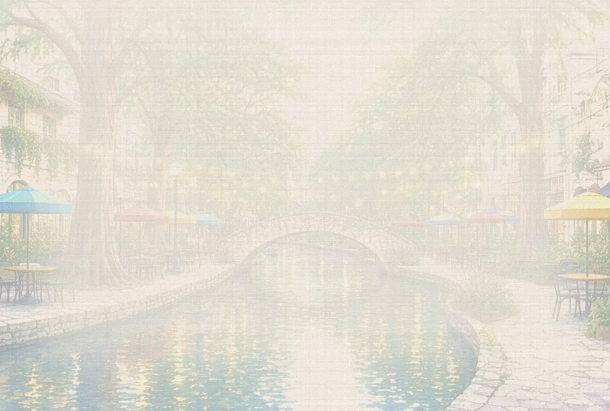 Soft watercolor wash: San Antonio River Walk with stone bridges and cypress trees