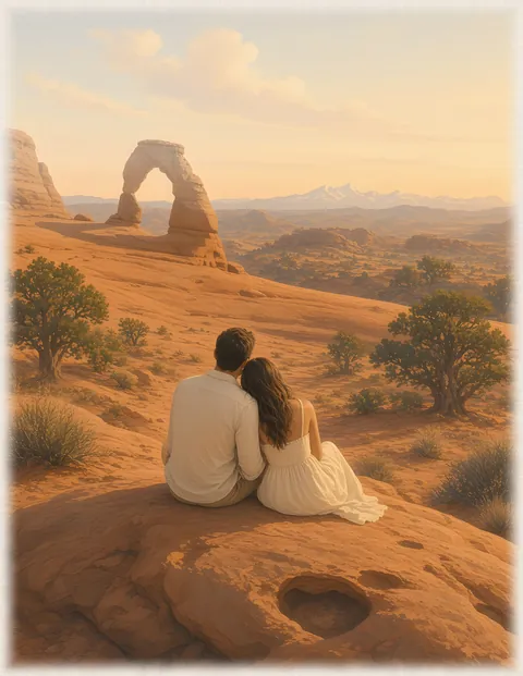 Watercolor: Adult newlywed couple at a red-rock overlook near Delicate Arch, Arches National Park