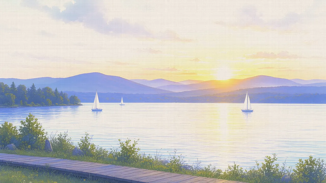 Watercolor: Lake Champlain at sunset from the Burlington waterfront, Adirondacks distant across the lake