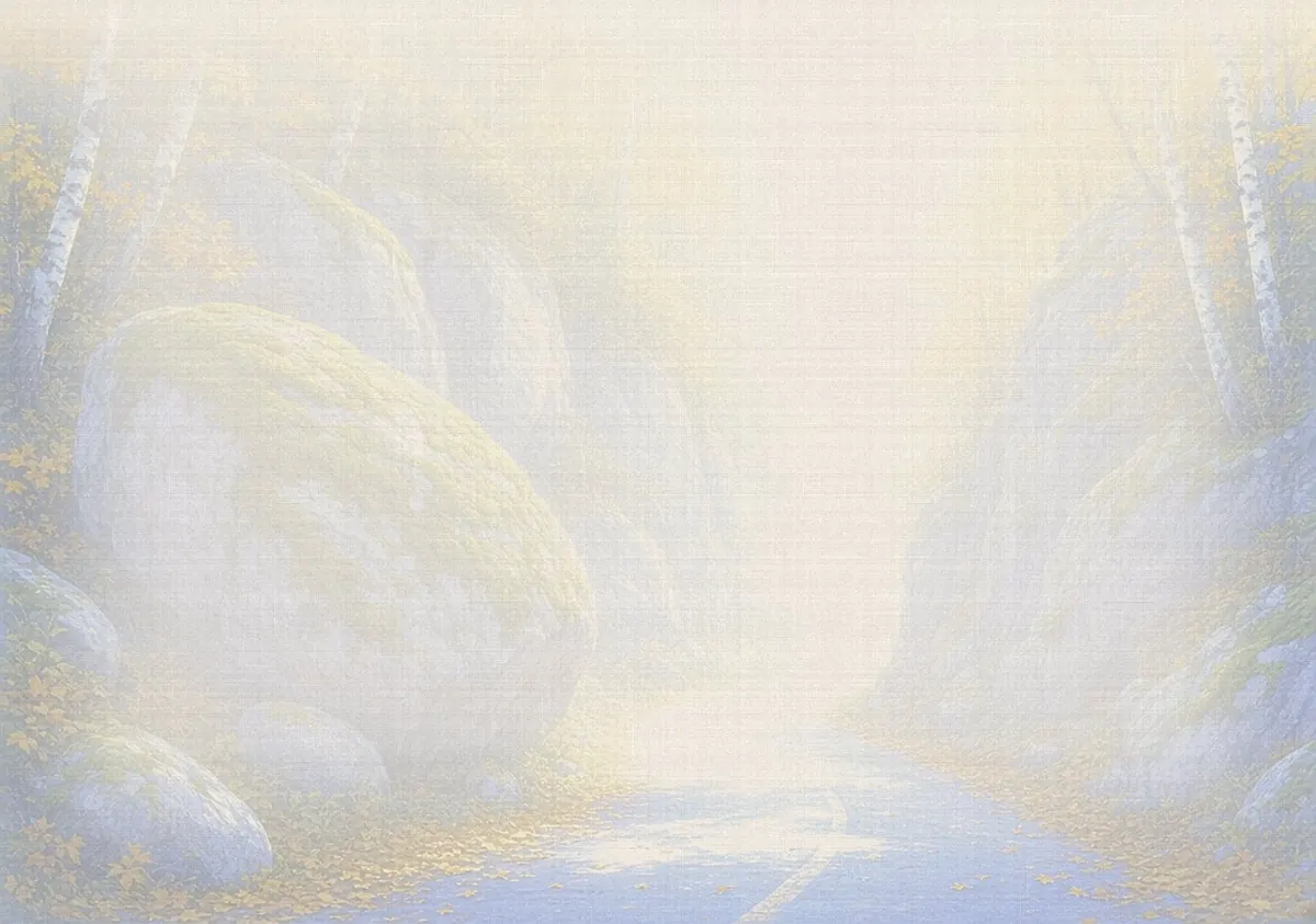 Soft watercolor wash: Smugglers' Notch road through boulders, autumn