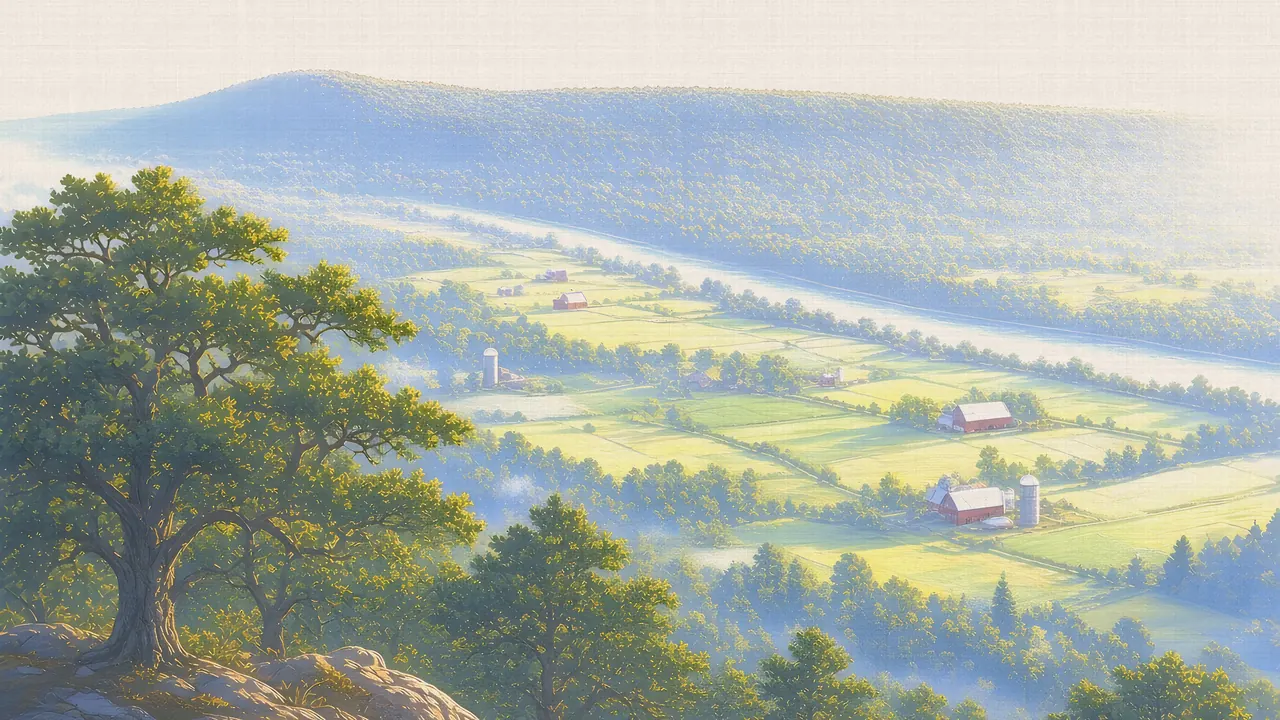 Watercolor: Shenandoah Valley farmland from Skyline Drive with the Massanutten ridge