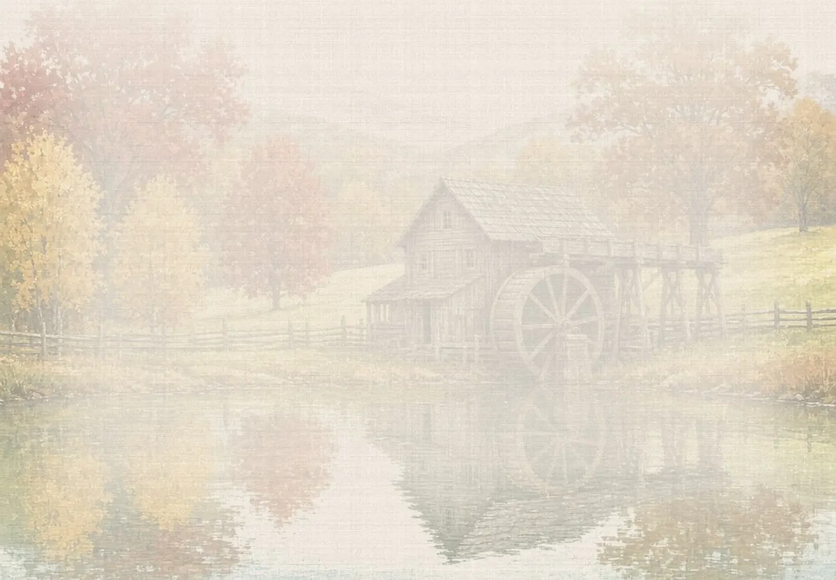 Soft watercolor wash: Mabry Mill waterwheel and pond on the Blue Ridge Parkway