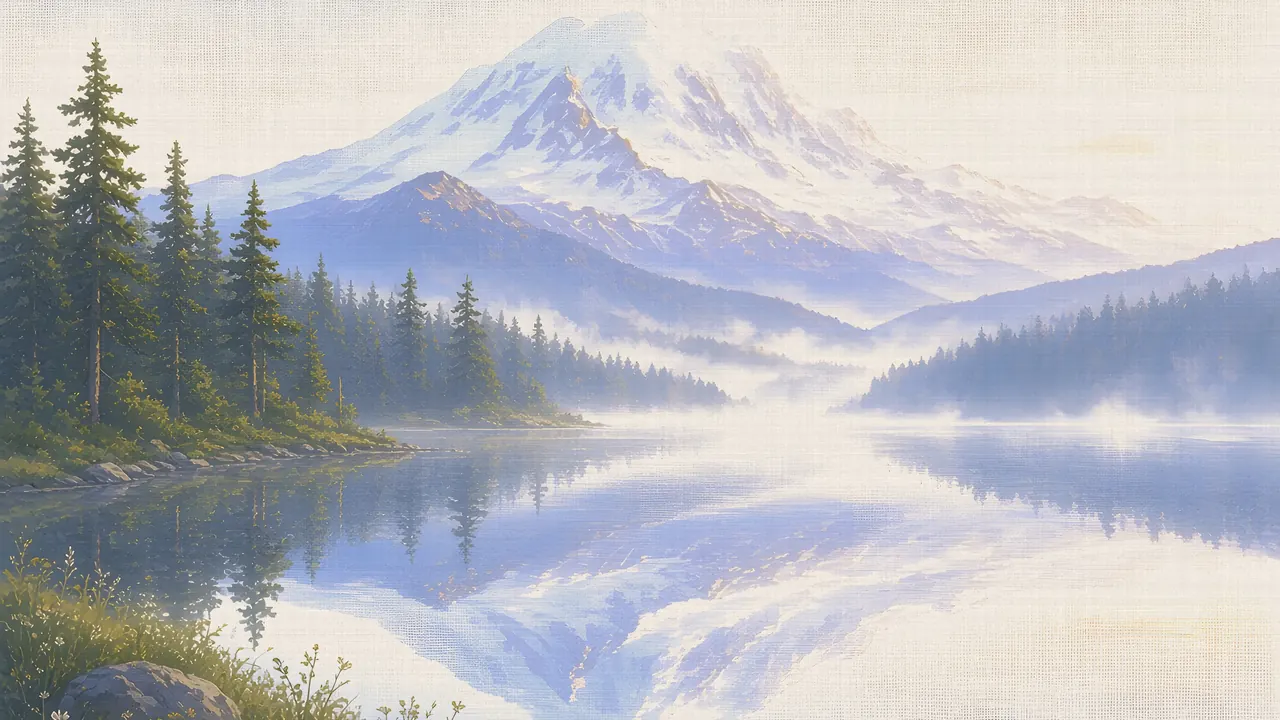 Watercolor: Mount Rainier reflected in Reflection Lakes at dawn