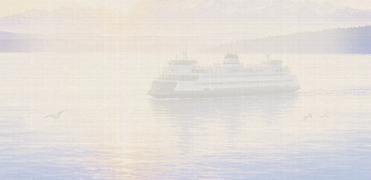 Soft watercolor wash: Green-and-white Washington State Ferry crossing Puget Sound with the Olympics behind