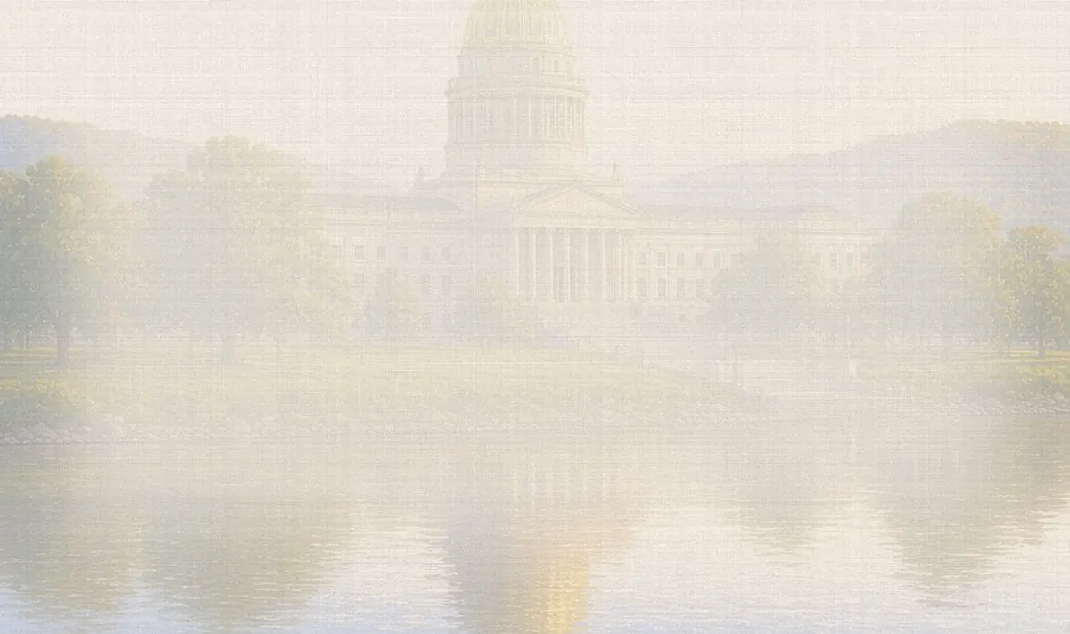 Soft watercolor wash: West Virginia State Capitol gold dome on the Kanawha River, Charleston