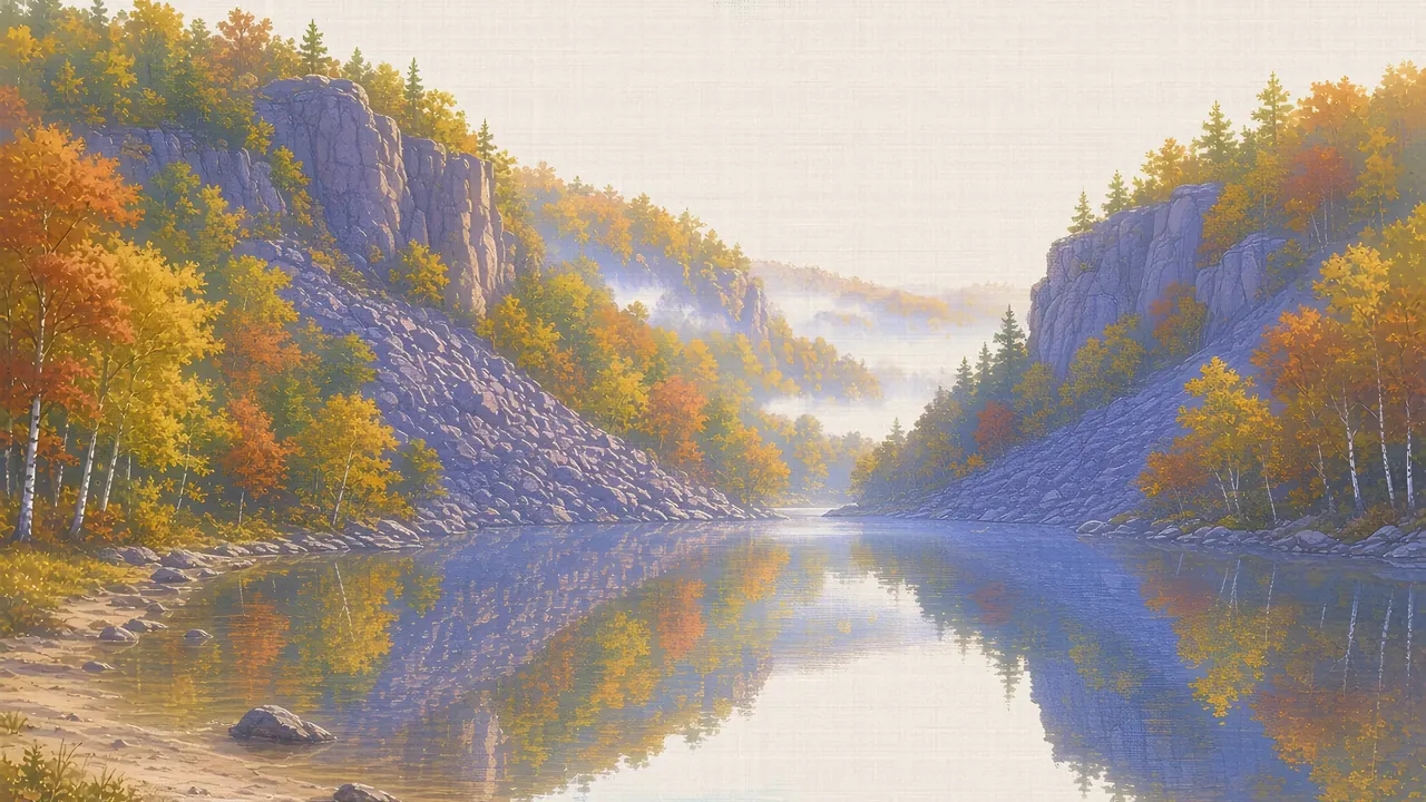 Watercolor: Devil's Lake State Park quartzite bluffs over the lake in autumn