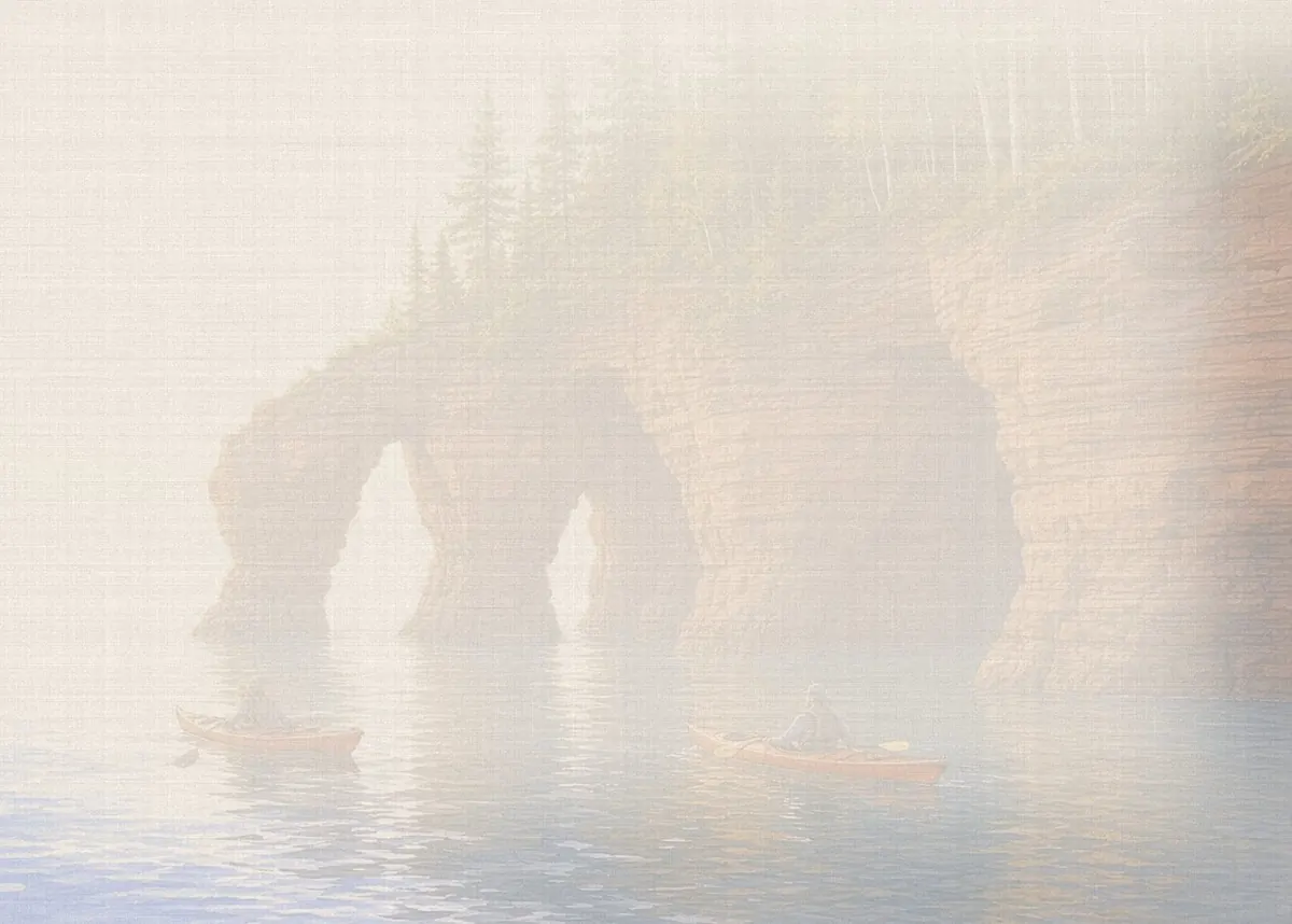 Soft watercolor wash: Apostle Islands sandstone sea caves, Lake Superior