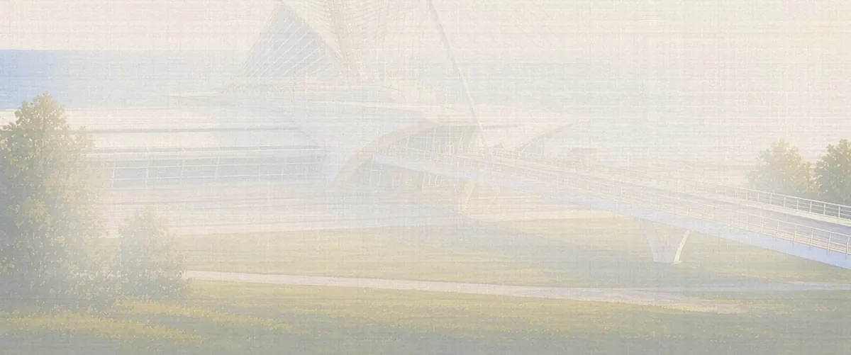 Soft watercolor wash: Milwaukee Art Museum Burke Brise Soleil wings on Lake Michigan