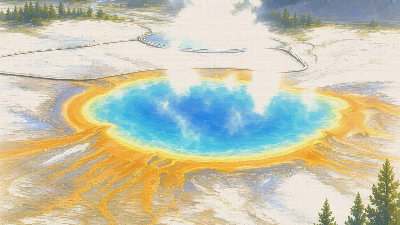 Watercolor: Grand Prismatic Spring, Midway Geyser Basin, Yellowstone National Park, from the overlook